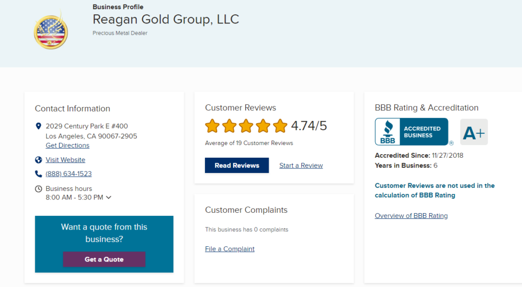 Reagan Gold Group BBB rating and reviews