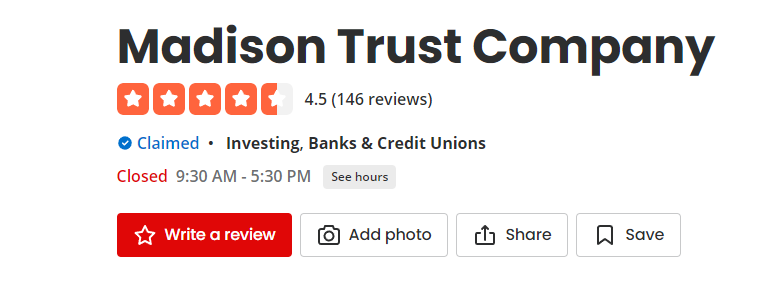 Madison Trust Company reviews yelp