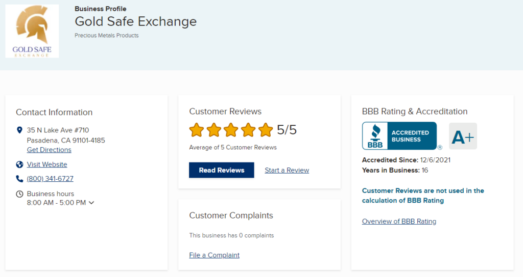 Gold Safe Exchange BBB rating and reviews